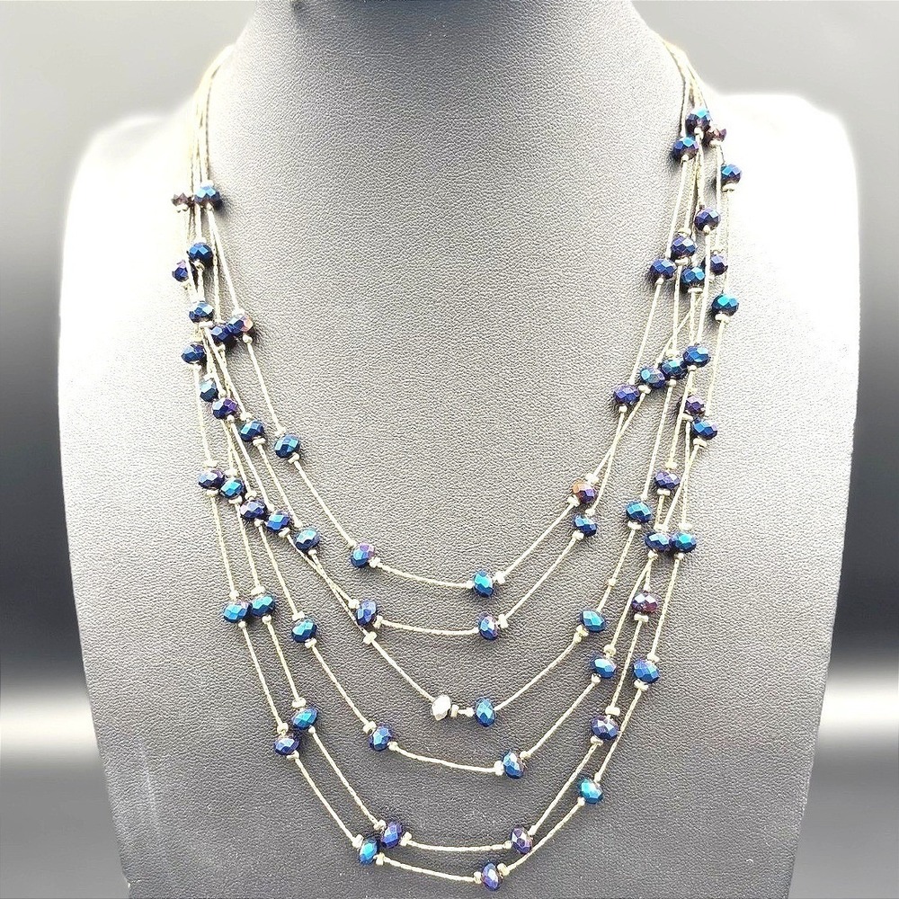 Vintage Multi-Strand Gold Silk Thread Iridescent Blue Glass Beads Several Layer